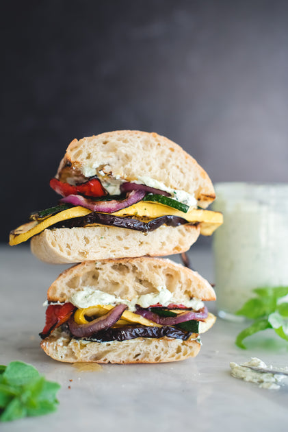 Grilled Vegetable Sandwich with Whipped Herb Goat Cheese and Honey – Liokareas