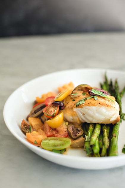 Pan Seared Halibut with Tomato-Olive Basil Vinaigrette – Liokareas