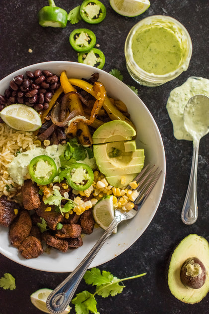 Steak Burrito Bowls with Charred Corn, Fajita Veg, and Spicy Jalapeño