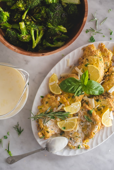 Herb Crusted Chicken Romano with Lemon Cream Sauce and Roasted Broccoli