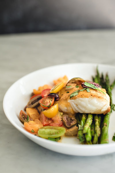 Pan Seared Halibut with Tomato-Olive Basil Vinaigrette