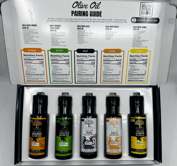 Olive Oil Variety Pack - Five 100ml Bottles (Lemon, Orange, Basil, Garlic, Early Harvest)